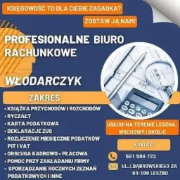 Grafika reklamowa biura rachunkowego Włodarczyk z zakresem usług: książka przychodów i rozchodów, ryczałt, karta podatkowa, deklaracje ZUS, rozliczenie miesięczne podatków PIT i VAT, obsługa...
