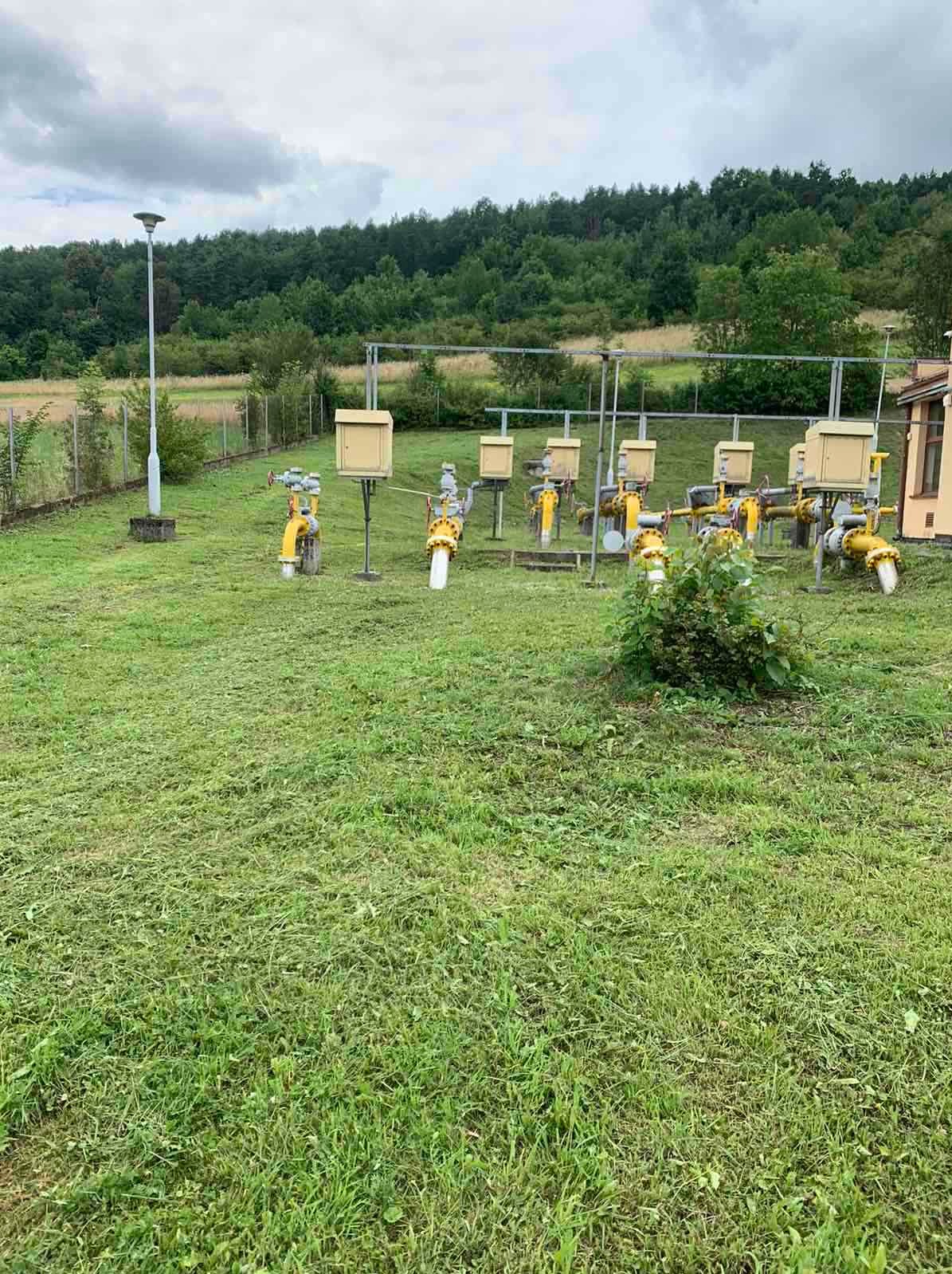 Teren przemysłowy z żółtymi instalacjami gazowymi po świeżo skoszonym trawniku, widoczne resztki trawy na powierzchni.