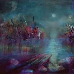 Abstrakcyjny obraz olejny na płótnie przedstawiający nocny krajobraz z rzeką, skałami na pierwszym planie i grupą postaci w oddali pod księżycem.