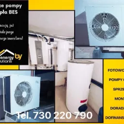 Kompozycja zdjęć prezentująca zainstalowane pompy ciepła BES w Wałbrzychu, wraz z informacją o zadowolonym kliencie i logo firmy Energy by Solutions oraz danymi kontaktowymi.