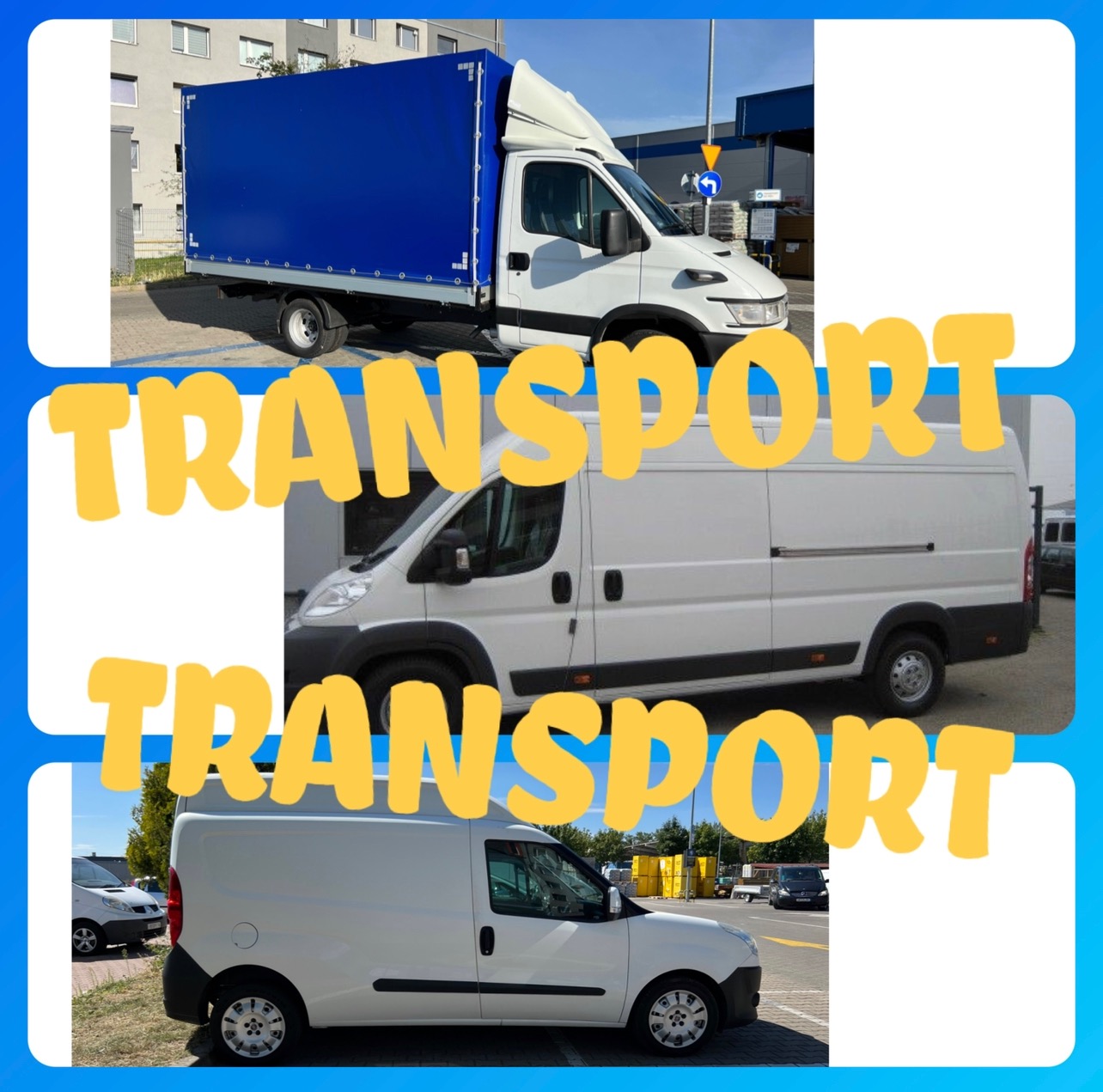 Kompozycja trzech zdjęć przedstawiających różne białe busy transportowe: pierwszy z plandeką w kolorze niebieskim, drugi i trzeci to furgony, wszystkie zaparkowane na zewnątrz, z nałożonym napisem...