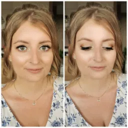 Portret kobiety z delikatnym, dziennym upiększeniem, widoczne subtelne cieniowanie powiek w odcieniach brązu i beżu, podkreślone rzęsy i lekko zaróżowione policzki, prezentowane z dwóch różnych...