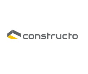 Logo firmy budowlanej 'constructo' z abstrakcyjnym symbolem dachu w odcieniach szarości i żółci.