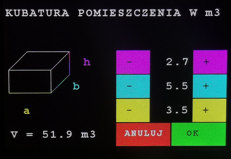 Kalkulator kubatury pomieszczenia prezentujący wymiary a, b, h oraz obliczoną objętość V=51.9 m3, z kolorowymi polami do wprowadzania danych i przyciskami Anuluj i OK.