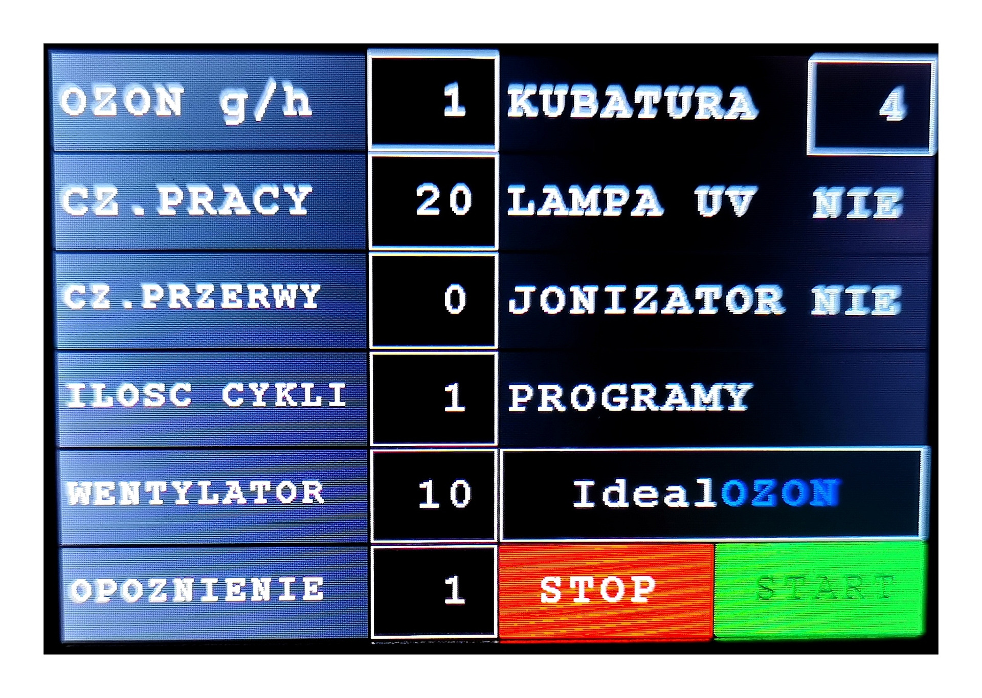 Panel sterowania urządzenia do ozonowania z wyświetlonymi parametrami: stężenie ozonu, czas pracy, przerwy, ilość cykli, obroty wentylatora, opóźnienie oraz informacją o wyłączonej lampie UV...