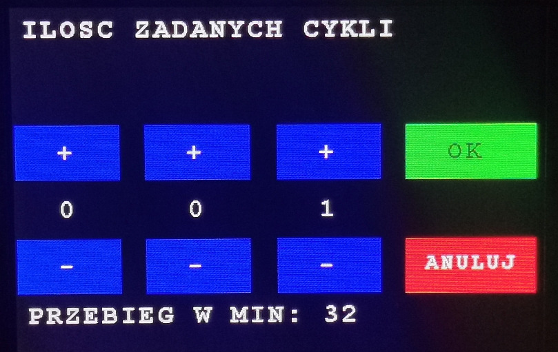 Ekran sterujący urządzenia z ustawieniami cykli: 0, 0, 1, przycisk OK (zielony) i ANULUJ (czerwony), czas przebiegu 32 minuty.
