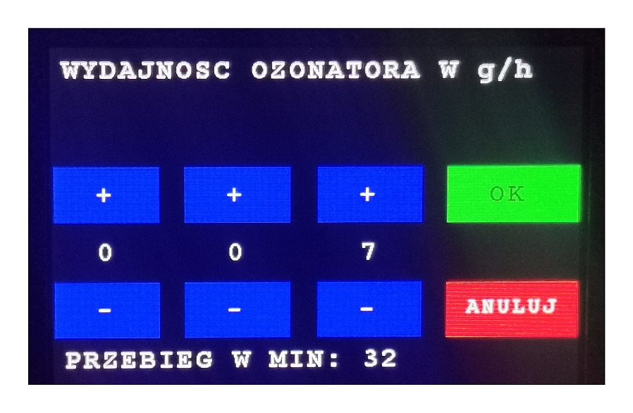 Ekran ozonatora z wyświetloną wydajnością 007 g/h i czasem przebiegu 32 minuty, z przyciskami plus, minus, OK i Anuluj.