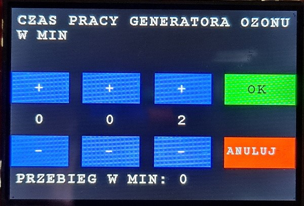 Ekran urządzenia z ustawieniami czasu pracy generatora ozonu. Wyświetlacz pokazuje czas pracy ustawiony na 2 minuty. Widoczne przyciski plus, minus, OK i ANULUJ.
