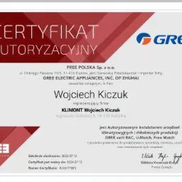 Certyfikat autoryzacyjny dla Wojciecha Kiczuka, instalatora urządzeń klimatyzacyjnych i chłodniczych GREE serii RAC, U-Match, Free Match, wydany przez Free Polska Sp. z o.o.