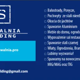 Grafika reklamowa firmy Spawalnia Welding z logo, adresem strony internetowej, adresem email oraz listą oferowanych usług takich jak balustrady, poręcze, pochwyty ze stali nierdzewnej, okucia...