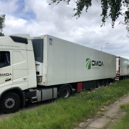 Ruby Studio Spółka z ograniczoną odpowiedzialnością - Długi, biały samochód ciężarowy z naczepą chłodniczą z logo firmy transportowej na boku, zaparkowany na poboczu drogi z zieloną trawą i drzewami w tle.