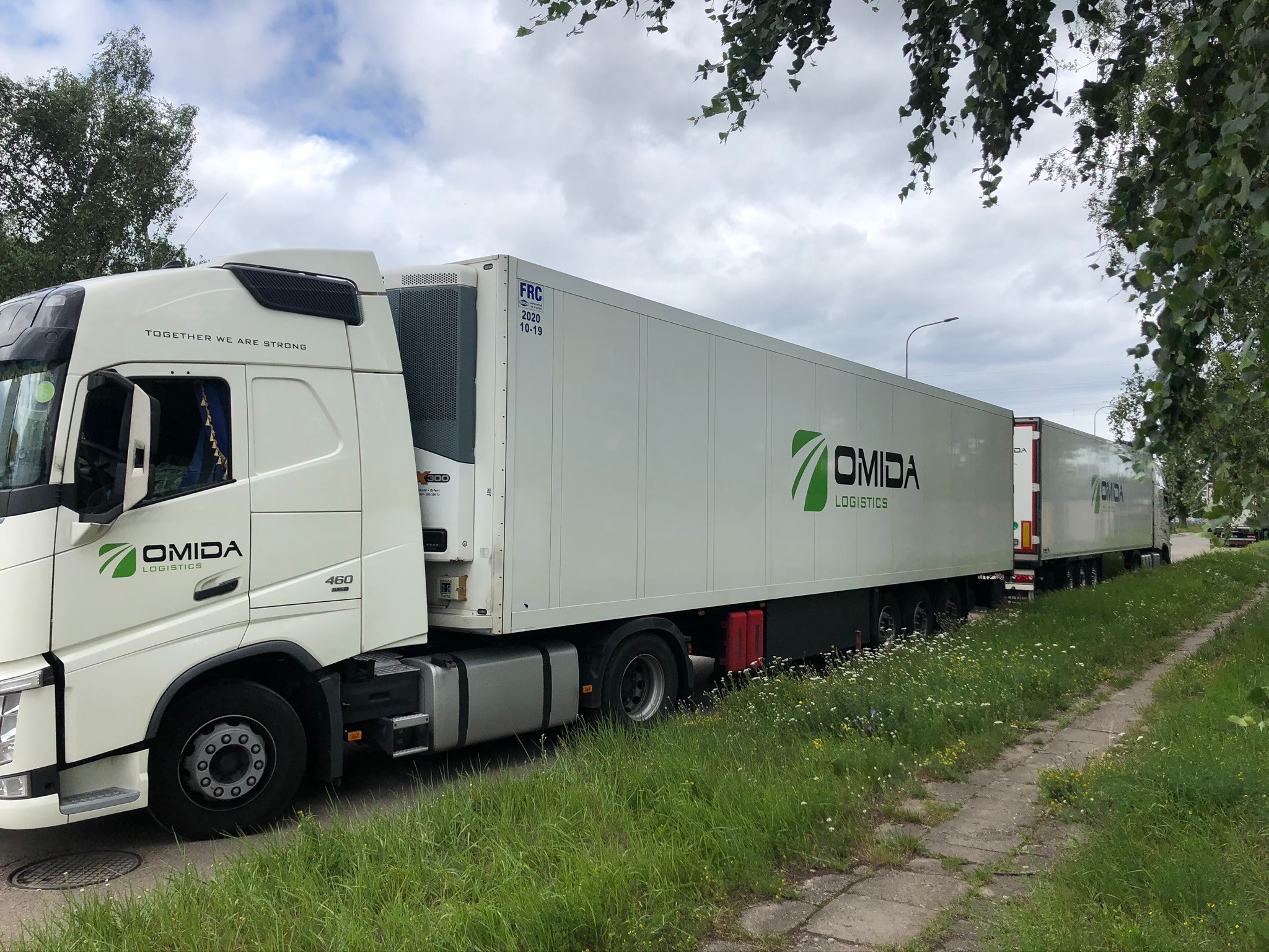 Długi, biały samochód ciężarowy z naczepą chłodniczą z logo firmy transportowej na boku, zaparkowany na poboczu drogi z zieloną trawą i drzewami w tle.