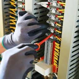 Elektryk w szarych rękawicach ochronnych dokręca śrubę w panelu sterowania z numerowanymi złączami i okablowaniem oznaczonym żółtymi koszulkami termokurczliwymi, używając czerwonego śrubokręta.
