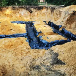 Wykop fundamentowy z częściowo rozłożoną czarną folią hydroizolacyjną, widoczne ściany wykopu z żółtej ziemi.