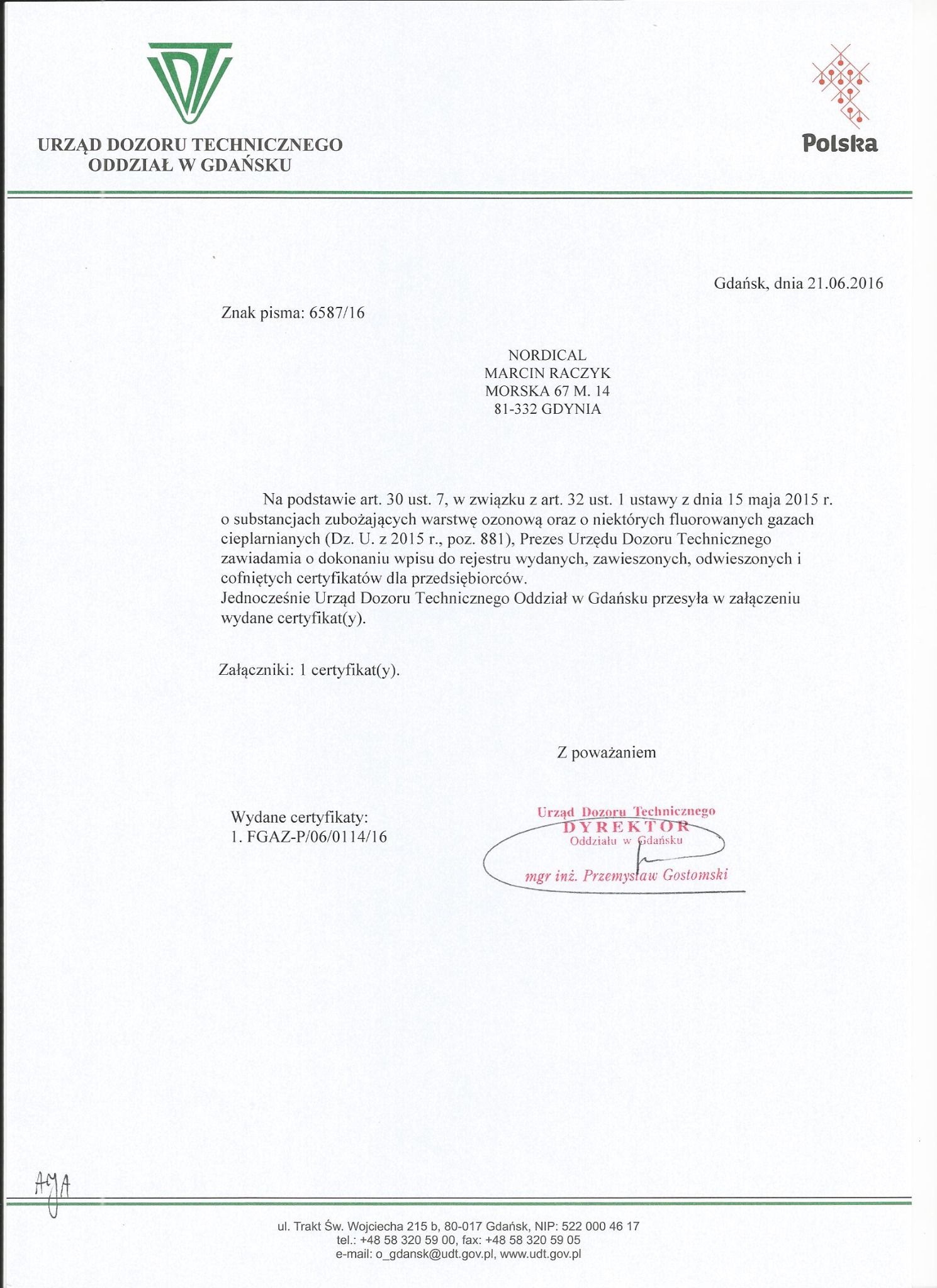 Pismo urzędowe z Urzędu Dozoru Technicznego Oddział w Gdańsku, dotyczące certyfikatów FGAZ, z datą 21.06.2016, podpisane przez Dyrektora Oddziału.