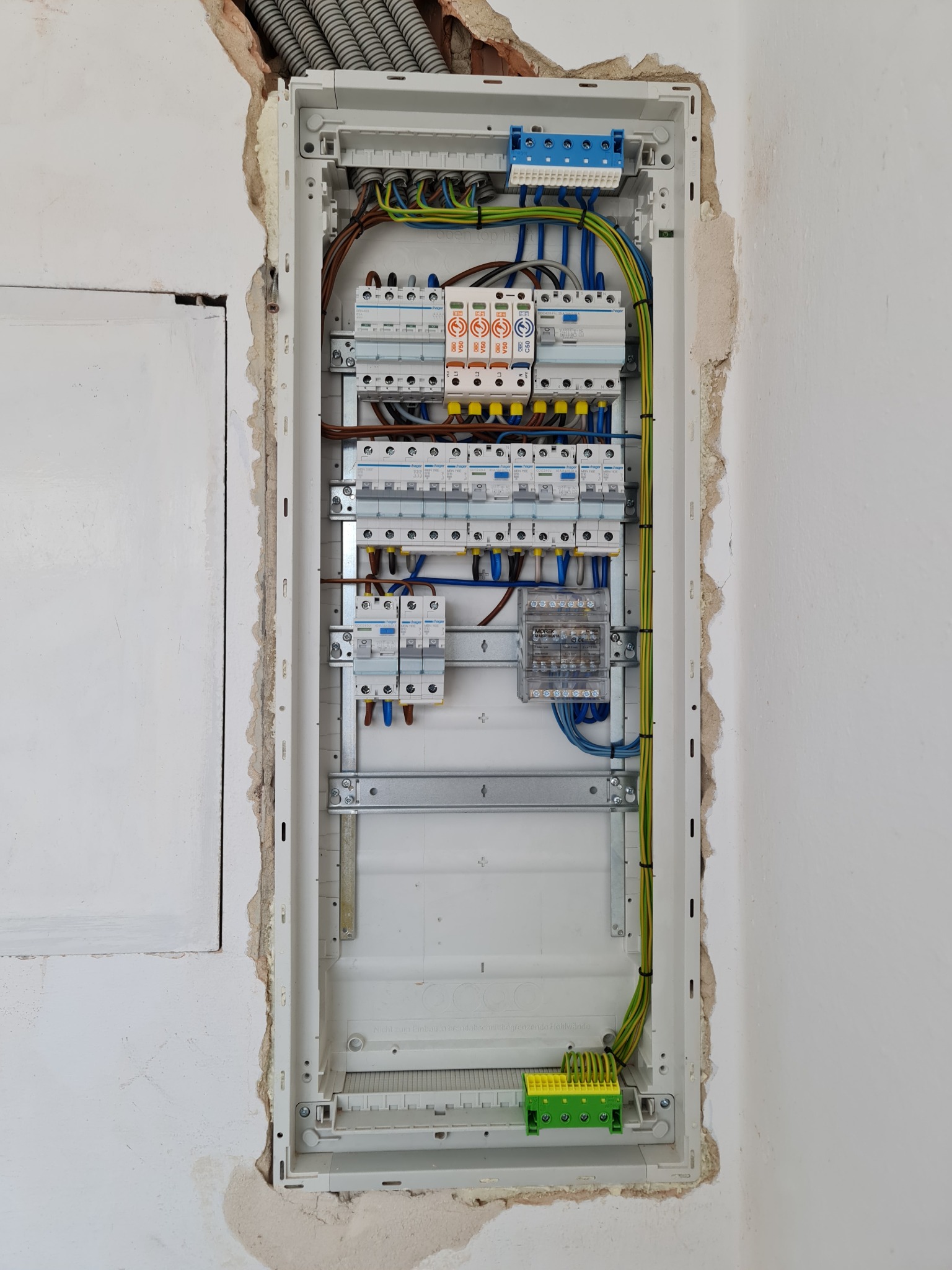 Rozdzielnica elektryczna Hager zamontowana w ścianie z widocznymi przewodami, zabezpieczeniami i listwami, przed zakończeniem prac wykończeniowych.