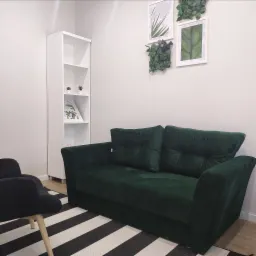 Zielona sofa z poduszkami w pokoju z białymi ścianami, dekoracjami roślinnymi i czarno-białym dywanem w paski, obok biały regał i czarny fotel na drewnianych nogach.