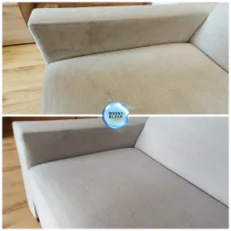 Dwuczęściowe ujęcie narożnika sofy: górna połowa pokazuje zabrudzenia na jasnej tapicerce, dolna połowa prezentuje efekt po czyszczeniu, z widoczną różnicą w czystości.