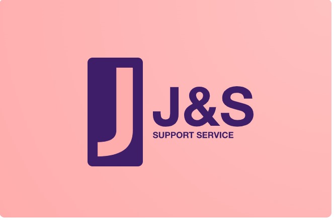 Logo firmy J&S Support Service w kolorze fioletowym na rozmytym, różowym tle. Logo składa się z litery J w prostokącie oraz napisu J&S Support Service.