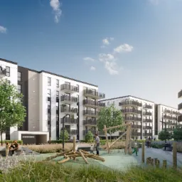 Wizualizacja osiedla mieszkaniowego z placem zabaw, nowoczesna architektura, biało-szare budynki z balkonami, elementy drewniane na placu zabaw, osoby spacerujące i odpoczywające.