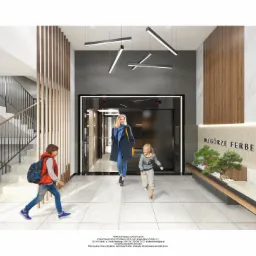 Wizualizacja wnętrza holu wejściowego budynku mieszkalnego z dwiema windami, minimalistycznym oświetleniem i dekoracyjną ścianą z nazwą 'Wzgórze Ferber', z przechodzącymi osobami.