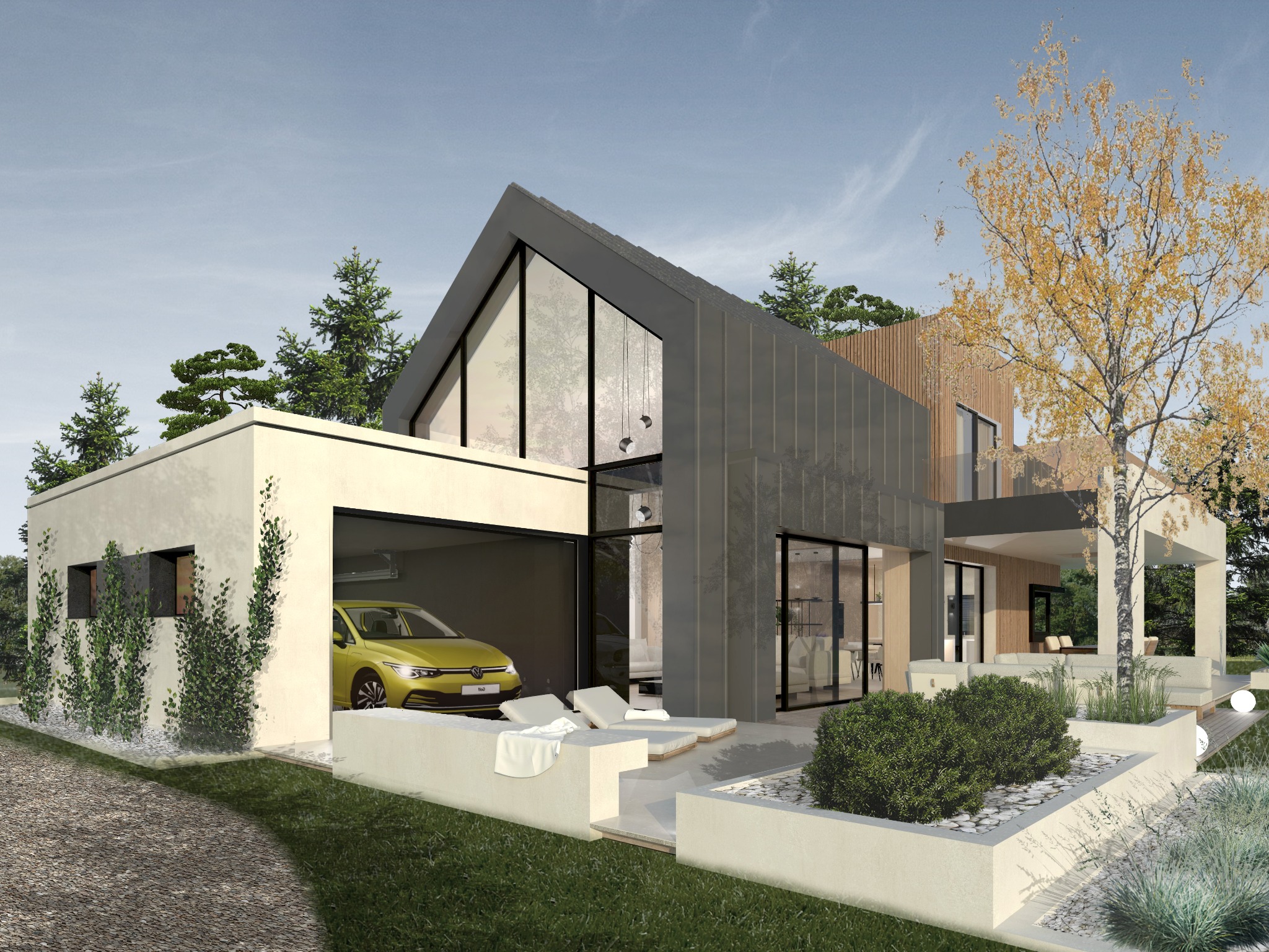 Wizualizacja nowoczesnego domu jednorodzinnego z garażem, żółtym samochodem VW Golf w środku, minimalistycznym tarasem z leżakami i ogrodem z dekoracyjnymi roślinami.