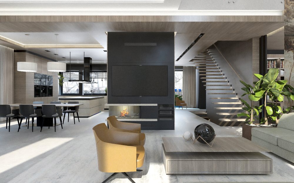 Przestronny salon z otwartą kuchnią, nowoczesnym kominkiem pod telewizorem, schodami na piętro, roślinami doniczkowymi i dwoma obrotowymi fotelami z żółtej skóry.