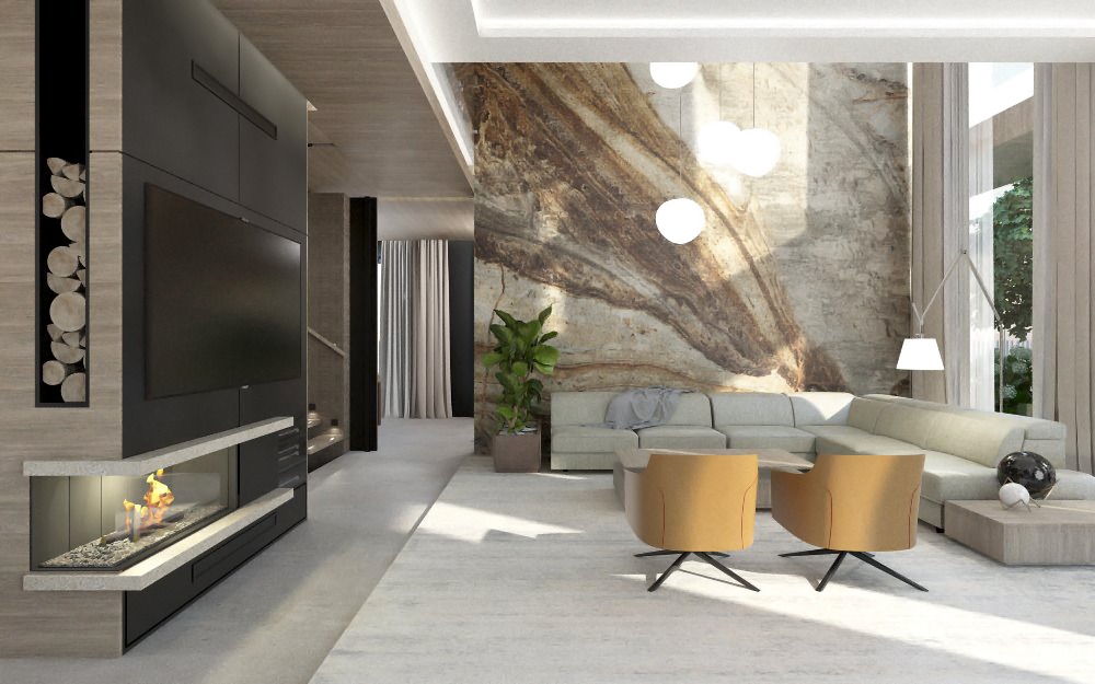 Jasny salon z marmurową ścianą, narożną sofą, dwoma żółtymi fotelami obrotowymi i kominkiem z paleniskiem na ścianie z telewizorem.