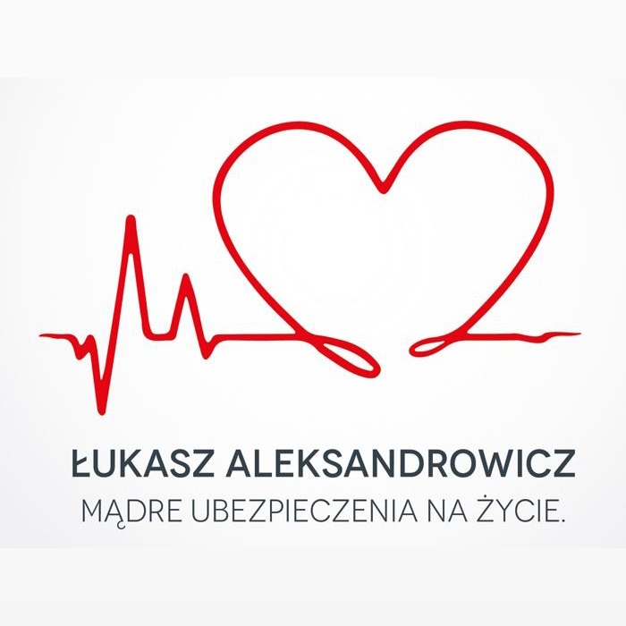 Czerwona linia EKG tworząca kształt serca, poniżej napis Łukasz Aleksandrowicz, Mądre Ubezpieczenia na Życie na białym tle.