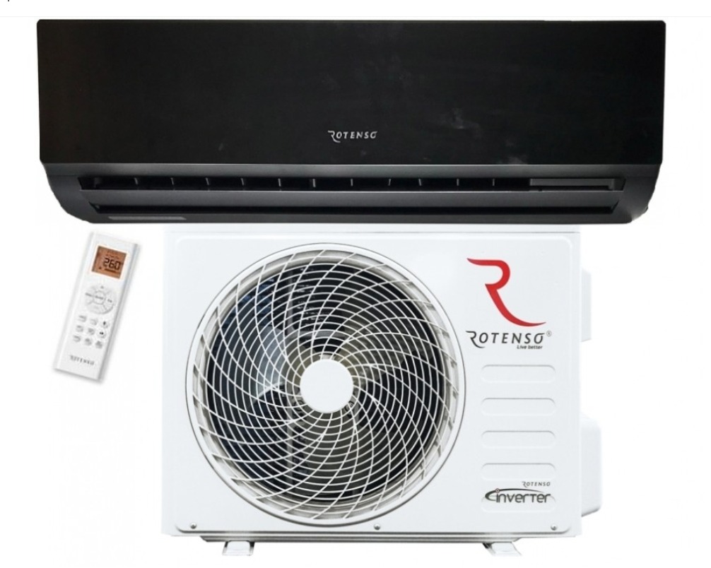 Zestaw klimatyzacji Rotenso: czarny panel wewnętrzny, biała jednostka zewnętrzna oraz pilot z wyświetlaczem 26 stopni.