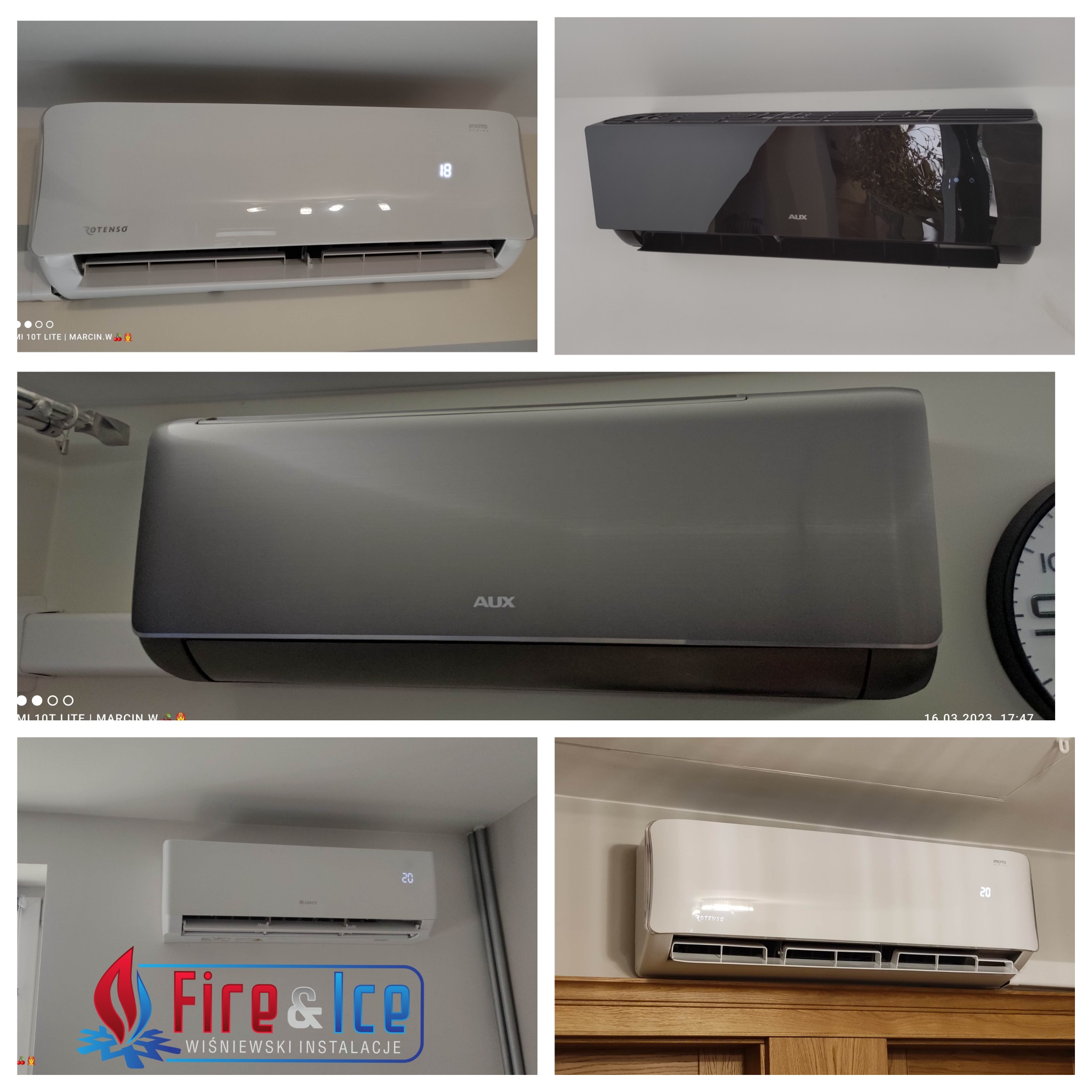 Kolaż przedstawiający różne modele klimatyzatorów różnych marek (Rotenso, AUX, Gree) zamontowanych w pomieszczeniach, w tym jedno zdjęcie z widocznym logo firmy instalacyjnej Fire&Ice.