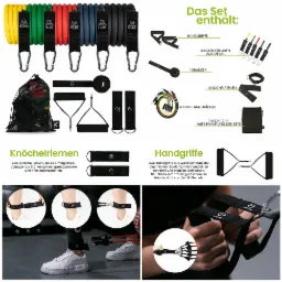 Zestaw gum oporowych do ćwiczeń z uchwytami, paskami na kostki i torbą do przechowywania, prezentowany na białym tle z detalami zastosowania na kostkach i w dłoniach.