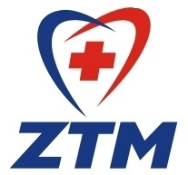 Logo firmy ZTM z elementami graficznymi w kształcie serca i krzyża w kolorach niebieskim i czerwonym.