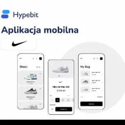Mockup aplikacji mobilnej Hypebit do zakupu obuwia Nike, prezentacja interfejsu z listą produktów, szczegółami modelu Nike Air Max 640 i koszykiem z podsumowaniem zamówienia.