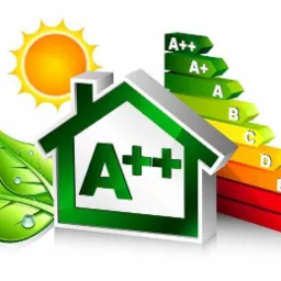 Graficzna ilustracja domu z symbolem A++, klasą energetyczną na skali od A++ do G, słońcem i zielonymi liśćmi z kroplami wody.