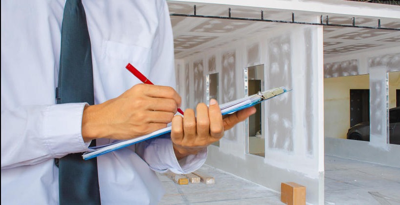 Mężczyzna w koszuli i krawacie z teczką w ręku, dokonujący inspekcji wnętrza w trakcie prac wykończeniowych, widoczny fragment samochodu w garażu w tle.