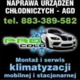Grafika reklamowa firmy Pro Cold: Naprawa urządzeń chłodniczych i AGD, montaż i serwis klimatyzacji mobilnej i stacjonarnej, numer telefonu 883-389-582, z ilustracją białego samochodu.