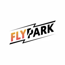 Logo FlyPark z gradientem kolorów od czerwonego do żółtego w słowie 'FLY' i czarnym 'PARK', umieszczone między dwiema czarnymi liniami przypominającymi błyskawice na białym tle.