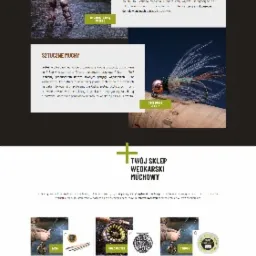 Zrzut ekranu strony internetowej firmy wędkarskiej z motywem muchowym, prezentujący wędkarza w strumieniu, ofertę kursów, sklep z akcesoriami i opinie klientów.