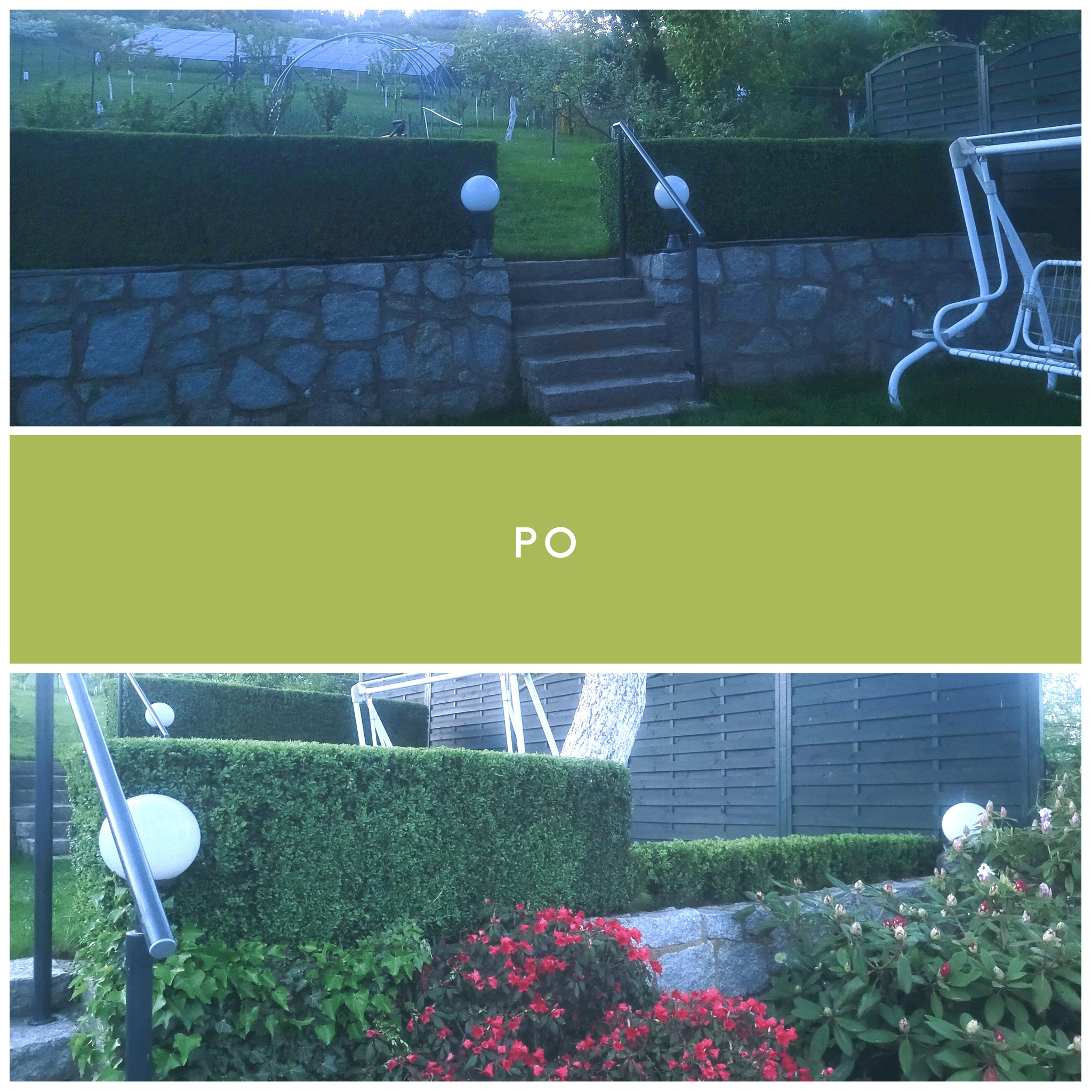 Ogród z równo przyciętym żywopłotem, kamiennymi schodami z barierką i kulistymi lampami, w tle szklarnia i huśtawka.