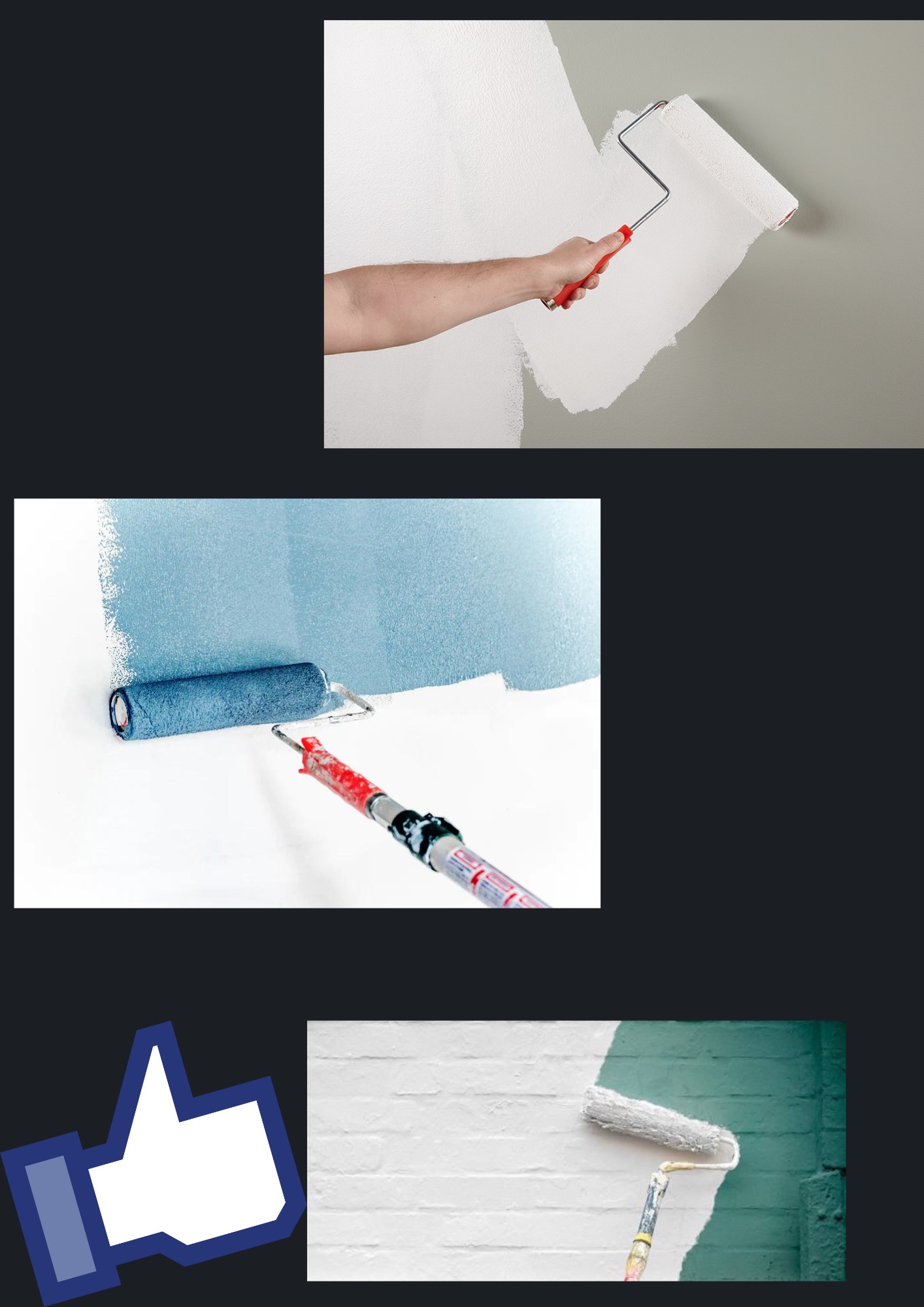 Kompilacja zdjęć przedstawiających malowanie ścian różnymi kolorami wałkami z teleskopowymi uchwytami.