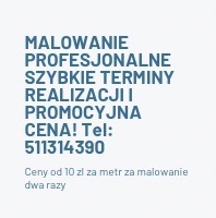 Ogłoszenie z tekstem: 'MALOWANIE PROFESJONALNE SZYBKIE TERMINY REALIZACJI I PROMOCYJNA CENA! Tel: 511314390 Ceny od 10 zł za metr za malowanie dwa razy' na jasnoniebieskim tle.
