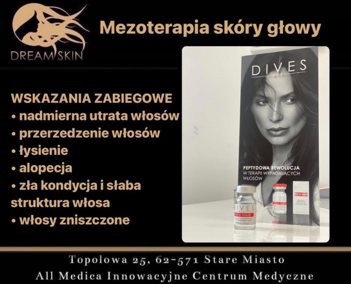 Plakat reklamowy zabiegu mezoterapii skóry głowy z logo Dream Skin, wskazaniami zabiegowymi i wizerunkiem produktu Dives Rich Hair.