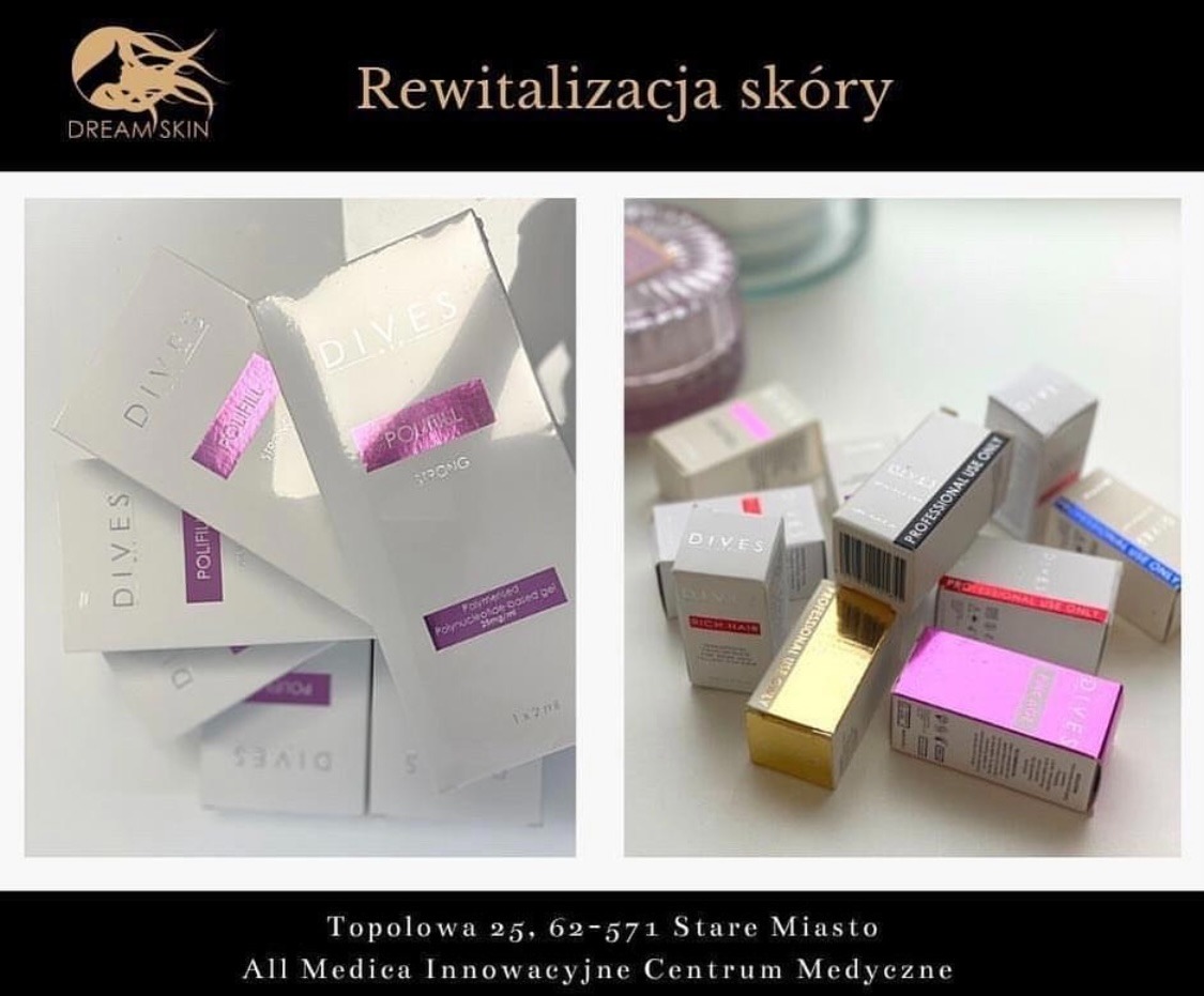 Zestaw opakowań produktów do rewitalizacji skóry marki DIVES, w tym ampułki i żele, ułożonych na białym tle.