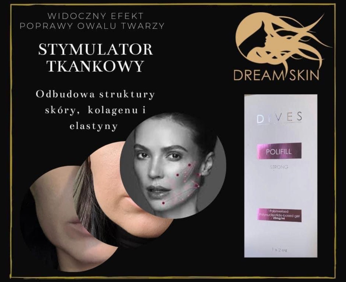 Grafika reklamowa: stymulator tkankowy Dives Polifill Strong; widoczny efekt poprawy owalu twarzy, odbudowa struktury skóry, kolagenu i elastyny; logo Dream Skin.