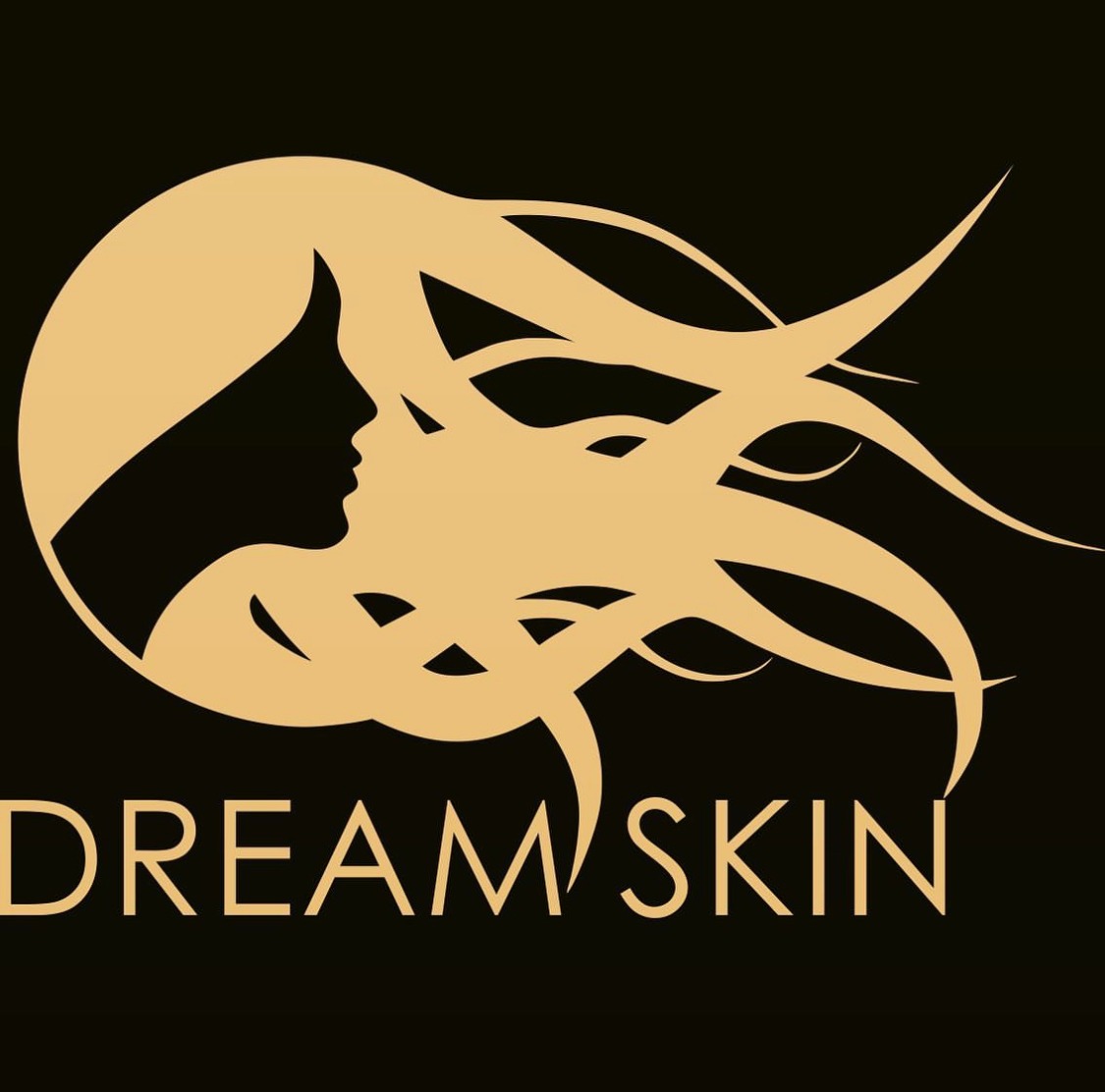 Złote logo 'DREAM SKIN' na czarnym tle, przedstawiające profil kobiety w okręgu z stylizowanymi włosami.