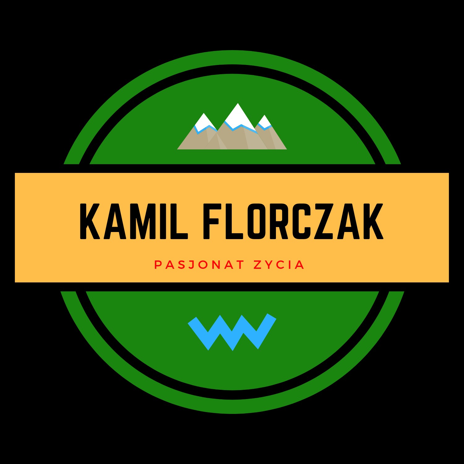 Graficzne logo: zielony okrąg z symbolem gór i zygzakiem, na pomarańczowym tle napis 'Kamil Florczak' i 'Pasjonat Życia'.