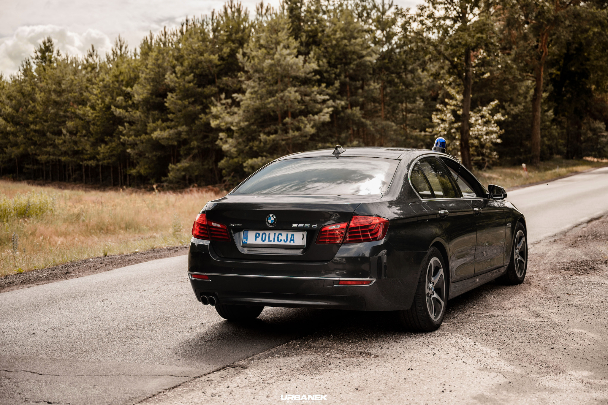 Czarny samochód policyjny BMW 535d z niebieskim kogutem na dachu, sfotografowany z tyłu na drodze w Łukowie z lasem w tle.