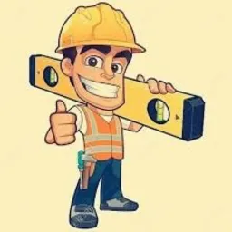 Karykatura uśmiechniętego budowlańca w kamizelce odblaskowej, trzymającego poziomicę i pokazującego kciuk w górę.