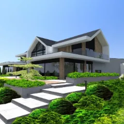 Wizualizacja nowoczesnego domu z ogrodem kaskadowym, betonowe stopnie prowadzą do wejścia, zieleń w geometrycznych rabatach.